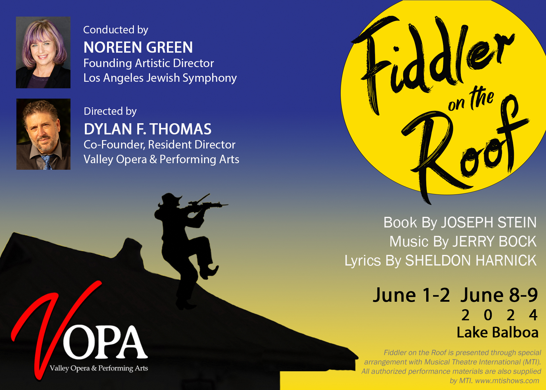 An infographic advertising Fiddler on the Roof, presented by VOPA and conducted by Noreen Green.